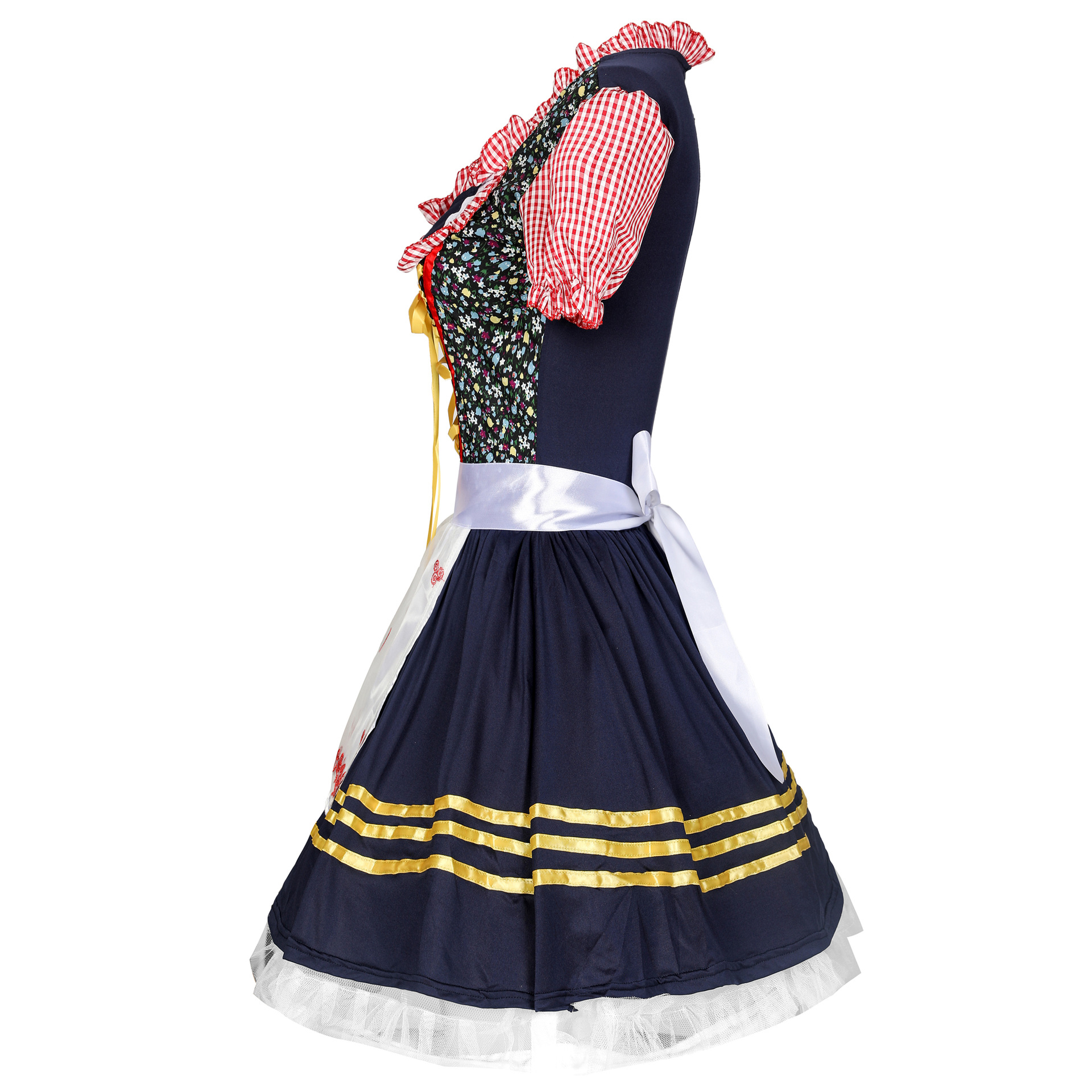 Traditional Oktoberfest Dirndl Dress Floral Corset Top with Red Gingham Design